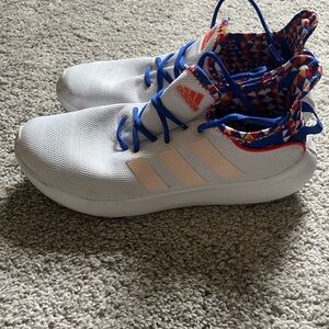 Adidas White and Blue Athletic Shoes with Red Accents